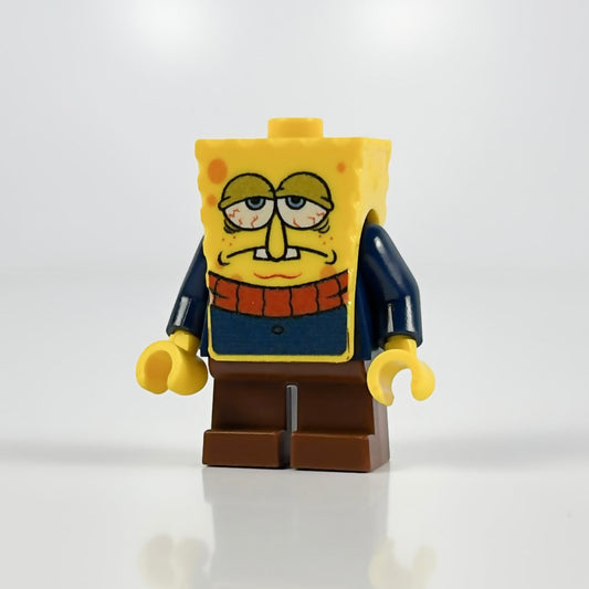 LEGO® Sudsbob minifigure with basic LEGO brick and knobs on white background