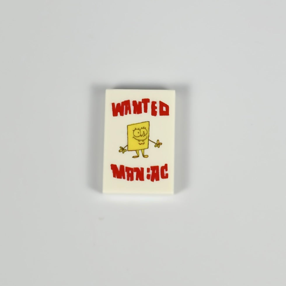 Wanted Maniac Tile LEGO minifigure with trademark disclaimer