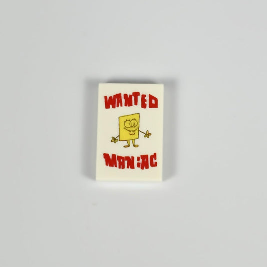 Wanted Maniac Tile LEGO minifigure with trademark disclaimer
