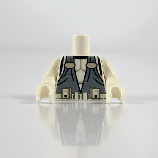 LEGO torso piece with a suit design on a white background