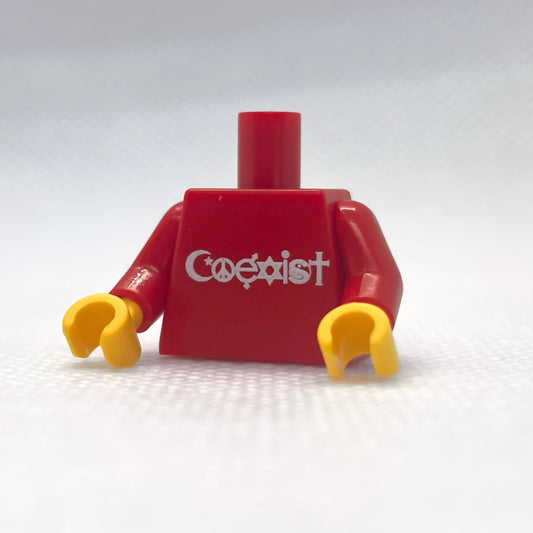 Red Coexist Torso LEGO minifigure piece isolated on white background