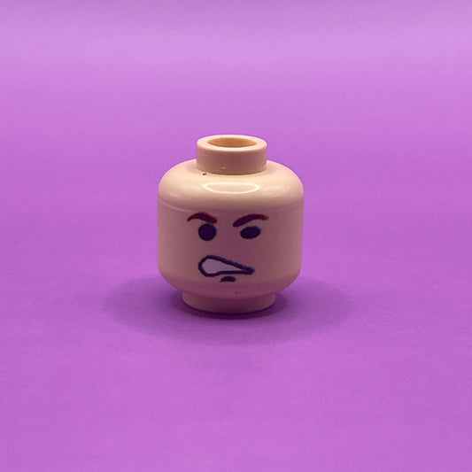 Classic Smuggler Head LEGO minifigure piece with angry facial expression on purple background