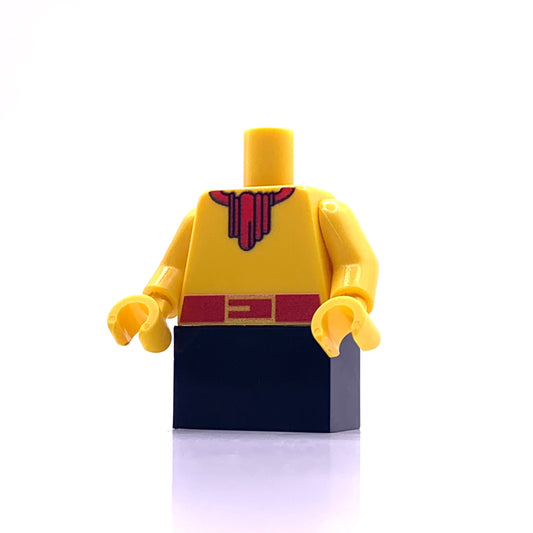 Classic Red Scallywag LEGO minifigure torso with yellow arms and dark blue legs