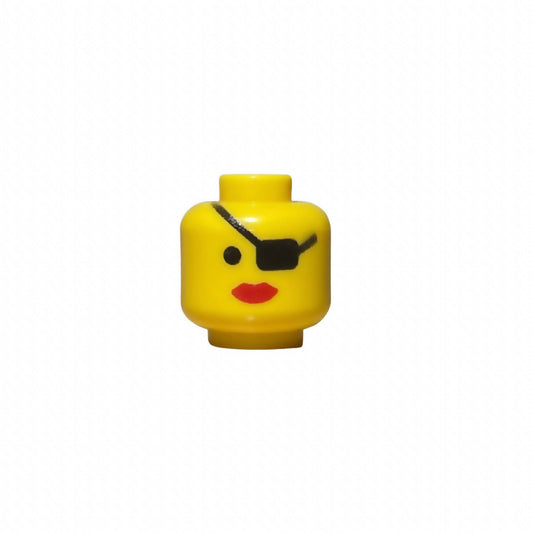 Yellow LEGO female eyepatch head with red lips and black eyepatch.