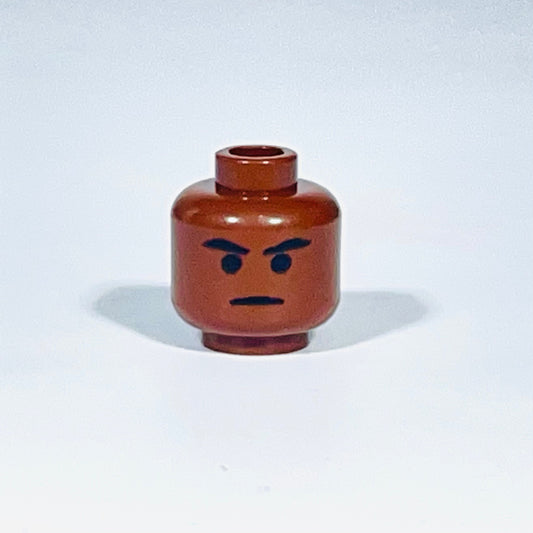 Classic Mace Head LEGO minifigure head with angry facial expression in brown color isolated on white background